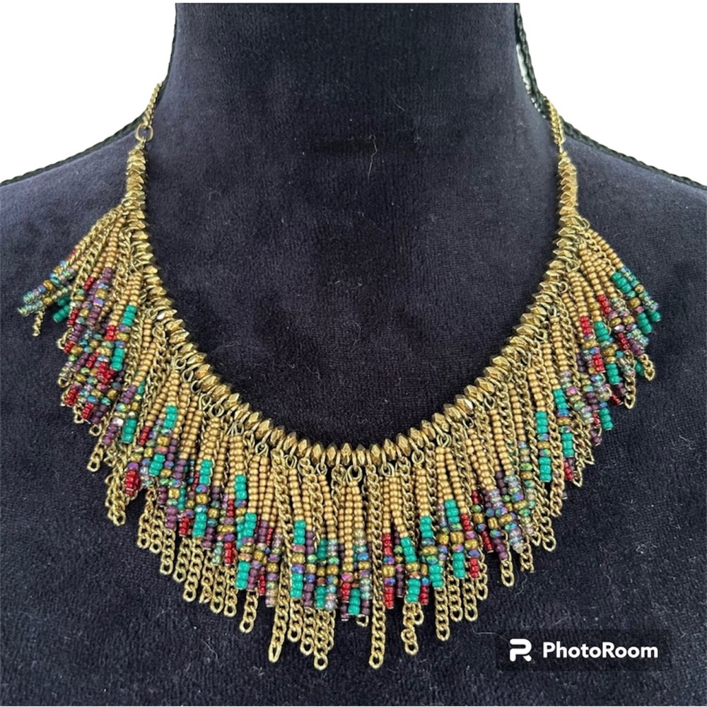 Gold Multi Colored Beaded Rope Choker Costume Necklace